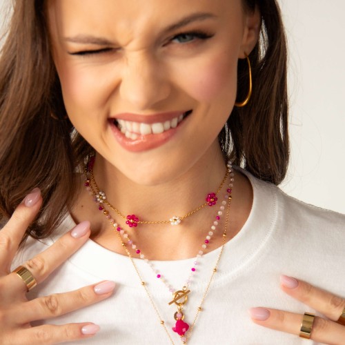 CHOKER DAMSKI KWIATKI RÓŻOWY NASZYJNIK POZŁACANA STAL CHIRURGICZNA 