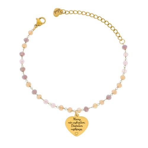 BRANSOLETKA DLA MAMY PREZENT SERCE Z GRAWEREM RÓŻOWE KORALIKI DEDYKACJA