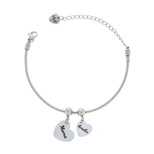 BRANSOLETKA DLA MAMY ŻMIJKA Z CHARMSAMI SERDUSZKA Z IMIONAMI DZIECI SREBRNA STAL 316L