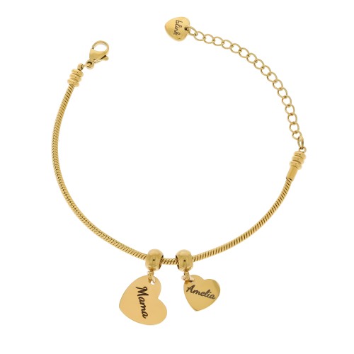 BRANSOLETKA PREZENT DLA MAMY ŻMIJKA Z CHARMSAMI SERDUSZKA Z IMIONAMI DZIECI ZŁOTA STAL 316L 