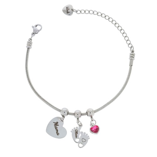 BRANSOLETKA ŻMIJKA DLA MAMY CHARMSY SERCA STÓPKI Z IMIENIEM DZIECKA KRYSZTAŁEK