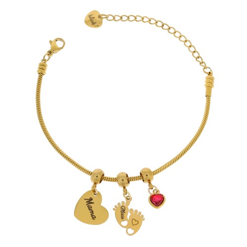BRANSOLETKA ZŁOTA ŻMIJKA DLA MAMY CHARMSY SERCA STÓPKI Z IMIENIEM DZIECKA KRYSZTAŁEK
