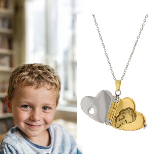 NASZYJNIK SEKRETNIK SERCE ZE ZDJĘCIEM DLA MAMY PERSONALIZOWANY Z DEDYKACJĄ