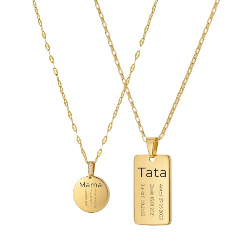 KOMPLET ZŁOTYCH NASZYJNIKÓW DLA MAMY I TATY PERSONALIZOWANY PREZENT Z IMIONAMI DZIECI I DATAMI