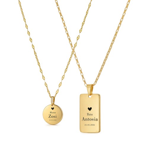 ZŁOTY KOMPLET NASZYJNIKÓW DLA MAMY I TATY PERSONALIZOWANY GRAWER Z IMIENIEM I DATĄ DZIECKA PREZENT 