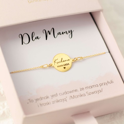 BRANSOLETKA Z OKRĄGŁĄ ZAWIESZKĄ I GRAWEREM SREBRO 925 POZŁACANE PERSONALIZOWANA BIŻUTERIA Z DEDYKACJĄ