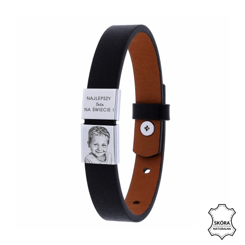 BRANSOLETKA SKÓRZANA DLA TATY Z GRAWEREM ZDJĘCIA I DEDYKACJĄ – PERSONALIZOWANA, CIEMNY BRĄZ, SKÓRA NATURALNA 