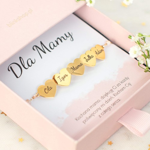 BRANSOLETKA DLA MAMY Z IMIONAMI DZIECI ZŁOTA SERCA PERSONALIZOWANA