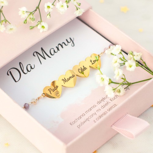 PREZENT DLA MAMY BRANSOLETKA Z IMIONAMI DZIECI SERCA PERSONALIZOWANA 