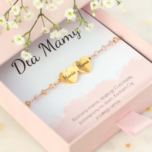 BRANSOLETKA DLA MAMY Z IMIONAMI DZIECI DWA SERCA PERSONALIZOWANY PREZENT