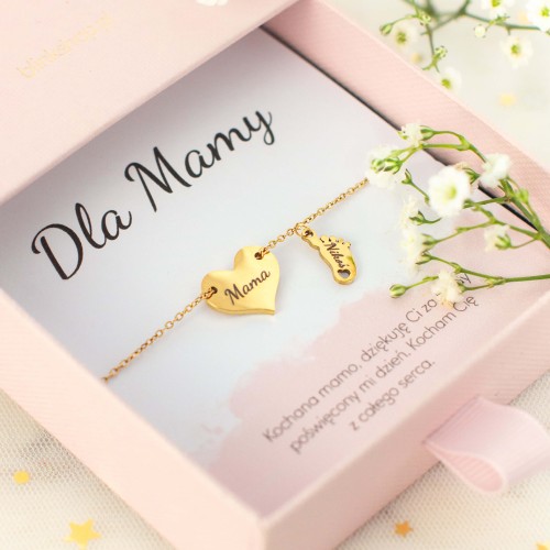 BRANSOLETKA DLA MAMY Z GRAWEREM SERCE I STÓPKA POZŁACANA STAL 316L