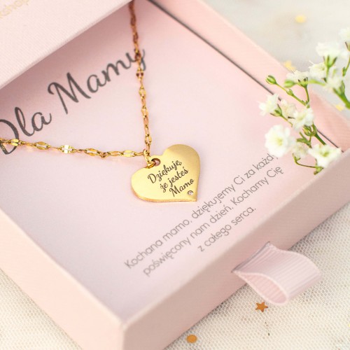 ZŁOTY NASZYJNIK DLA MAMY SERCE DZIĘKUJĘ ŻE JESTEŚ MAMO PREZENT DLA MAMY GRAWER 