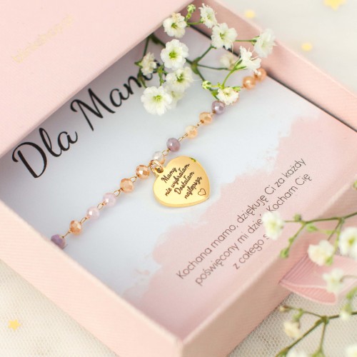 BRANSOLETKA DLA MAMY PREZENT SERCE Z GRAWEREM RÓŻOWE KORALIKI DEDYKACJA