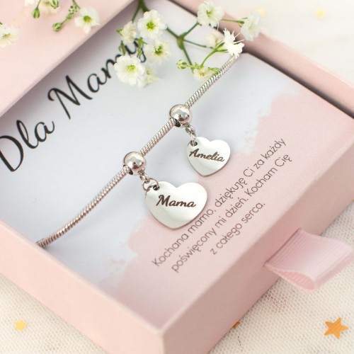 BRANSOLETKA DLA MAMY ŻMIJKA Z CHARMSAMI SERDUSZKA Z IMIONAMI DZIECI SREBRNA STAL 316L