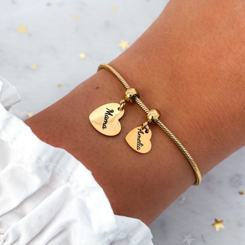 BRANSOLETKA PREZENT DLA MAMY ŻMIJKA Z CHARMSAMI SERDUSZKA Z IMIONAMI DZIECI ZŁOTA STAL 316L 