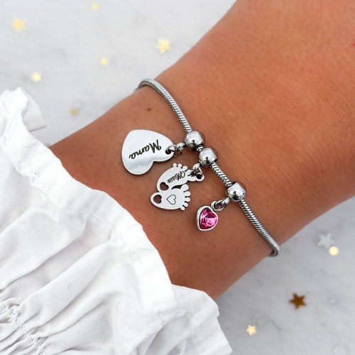 BRANSOLETKA ŻMIJKA DLA MAMY CHARMSY SERCA STÓPKI Z IMIENIEM DZIECKA KRYSZTAŁEK