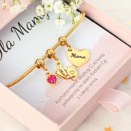 BRANSOLETKA ZŁOTA ŻMIJKA DLA MAMY CHARMSY SERCA STÓPKI Z IMIENIEM DZIECKA KRYSZTAŁEK
