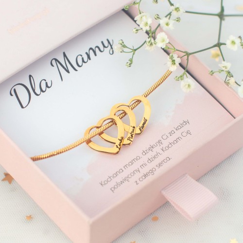 BRANSOLETKA ZŁOTA ŻMIJKA Z SERCAMI I GRAWEREM IMION PERSONALIZOWANY PREZENT DLA MAMY