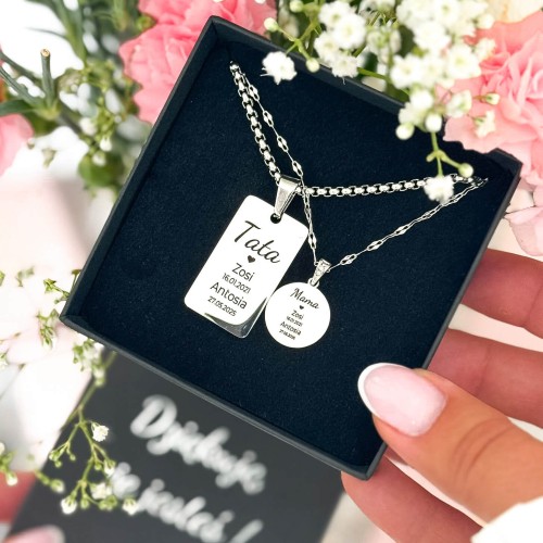 KOMPLET NASZYJNIKÓW DLA MAMY I TATY GRAWER IMION DZIECI PERSONALIZOWANY PREZENT DLA RODZICÓW