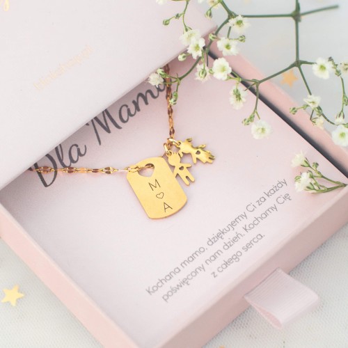 NASZYJNIK MAMA Z ZAWIESZKAMI DZIECI PERSONALIZOWANY NIEŚMIERTELNIK STAL POZŁACANA