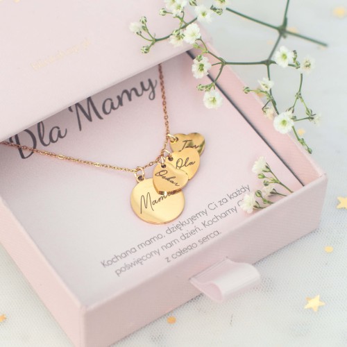 NASZYJNIK DLA MAMY Z SERDUSZKAMI I IMIONAMI DZIECI PERSONALIZOWANY PREZENT DLA MAMY POZŁACANA STAL