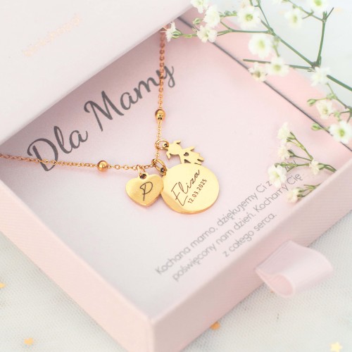 NASZYJNIK Z IMIENIEM I DATĄ URODZENIA DZIECKA PERSONALIZOWANY PREZENT DLA MAMY CÓRECZKI