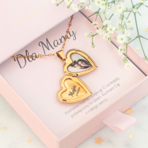 ZŁOTY MEDALION OTWIERANY SERCE ZE ZDJĘCIEM DZIECI NASZYJNIK Z GRAWEREM PERSONALIZOWANY PREZENT