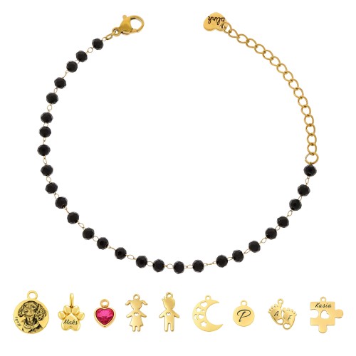 BRANSOLETKA DO ZAWIESZEK PERSONALIZOWANA – ZŁOTA BAZA POD CHARMSY I ZAWIESZKI GRAWEROWANE KORALIKI BLACK ROZMIAR MEDIUM  