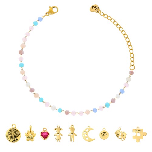 BRANSOLETKA DO ZAWIESZEK PERSONALIZOWANA – ZŁOTA BAZA POD CHARMSY I ZAWIESZKI GRAWEROWANE KORALIKI BLUE ROZMIAR MEDIUM 