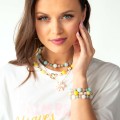 Bransoletka z kamieni naturalnych – jadeit żółty, kwarc różowy i jadeit kremowy, pozłacana stal 316l