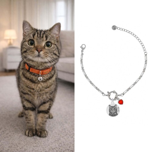 BRANSOLETKA POSREBRZANA Z PERSONALIZOWANYM GRAWEREM PUPILA I CZERWONYM CHARMS 