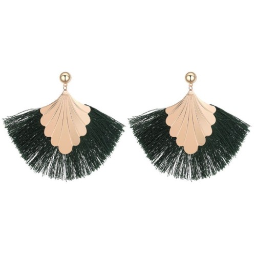 KOLCZYKI ZIELONE FRĘDZLE ZŁOTY LIŚĆ BIG