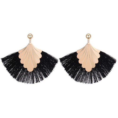 KOLCZYKI CZARNE FRĘDZLE ZŁOTY LIŚĆ BIG