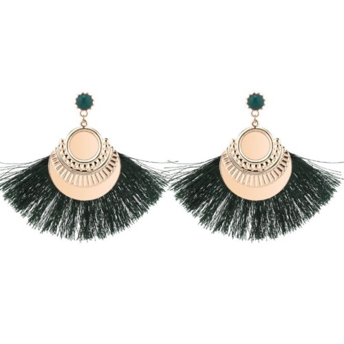 KOLCZYKI ZIELONE FRĘDZLE ZŁOTE BLASZKI BOHO