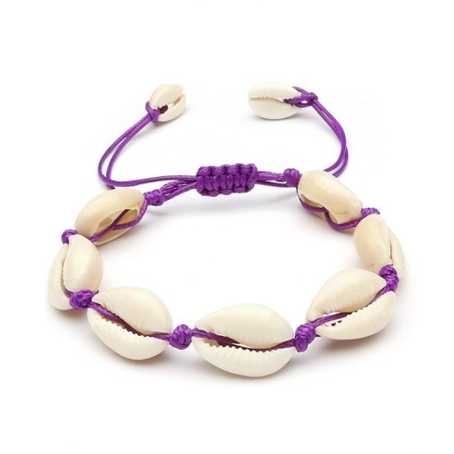 BRANSOLETKA NA RĘKĘ NOGĘ MUSZELKI FIOLETOWY SZNUREK