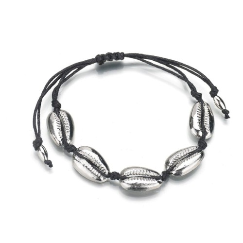 BRANSOLETKA SREBRNE MUSZELKI BOHO CZARNY SZNUREK
