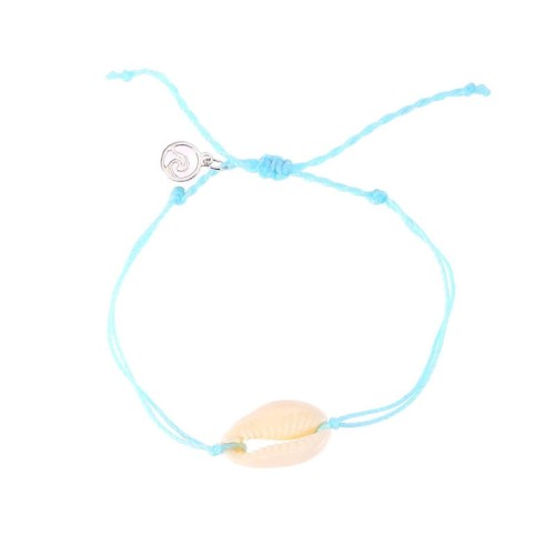 BRANSOLETKA NA RĘKĘ MUSZELKA  KREMOWA NIEBIESKI SZNUREK