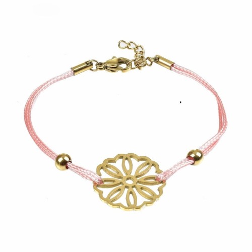 BRANSOLETKA NA RĘKĘ  STAL ZŁOTA KWIAT RÓŻOWY SZNUREK