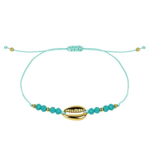 BRANSOLETKA STAL NA RĘKĘ MUSZELKA  ZŁOTA NIEBIESKIE KORALIKI