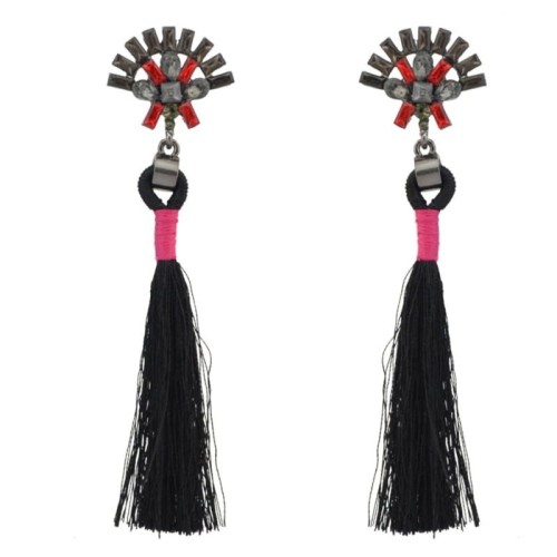 KOLCZYKI CZARNE FRĘDZLE ROZETKA KRYSZTAŁKI PEACOCK