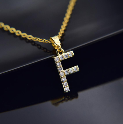 NASZYJNIK STAL ZŁOTY CYRKONIE LITERKA F