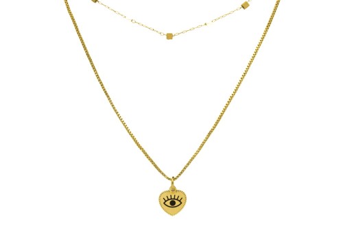 NASZYJNIK STAL ZŁOTY PODWÓJNY KORALIKI KWADRACIKI SERCE OKO