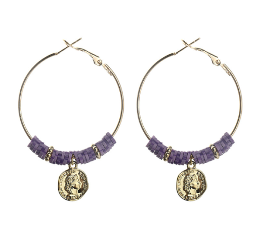 KOLCZYKI ZŁOTE KOŁA BOHO FIOLETOWE KORALIKI ZAWIESZKA MONETA
